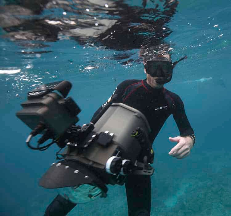 underwater cameraman Richard Brooks filming in Palau with RED Dragon Cinema camera
