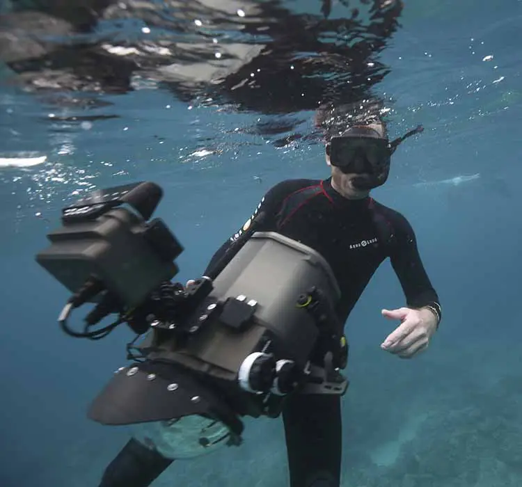 underwater cameraman Richard Brooks filming in Palau with RED Dragon Cinema camera