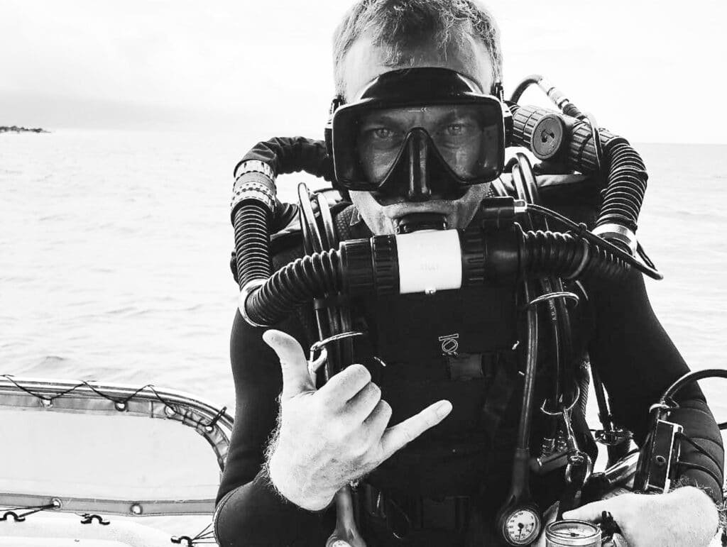 Rebreather diver ready to enter water