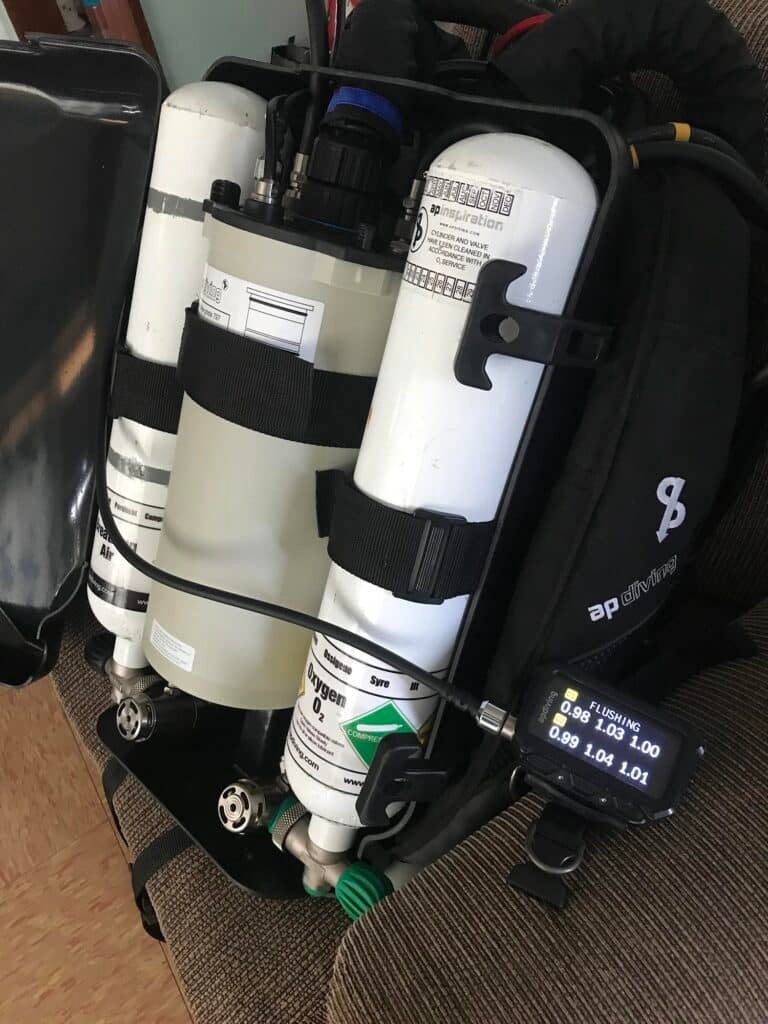 AP Inspiration Rebreather with case off showing Tanks and filter